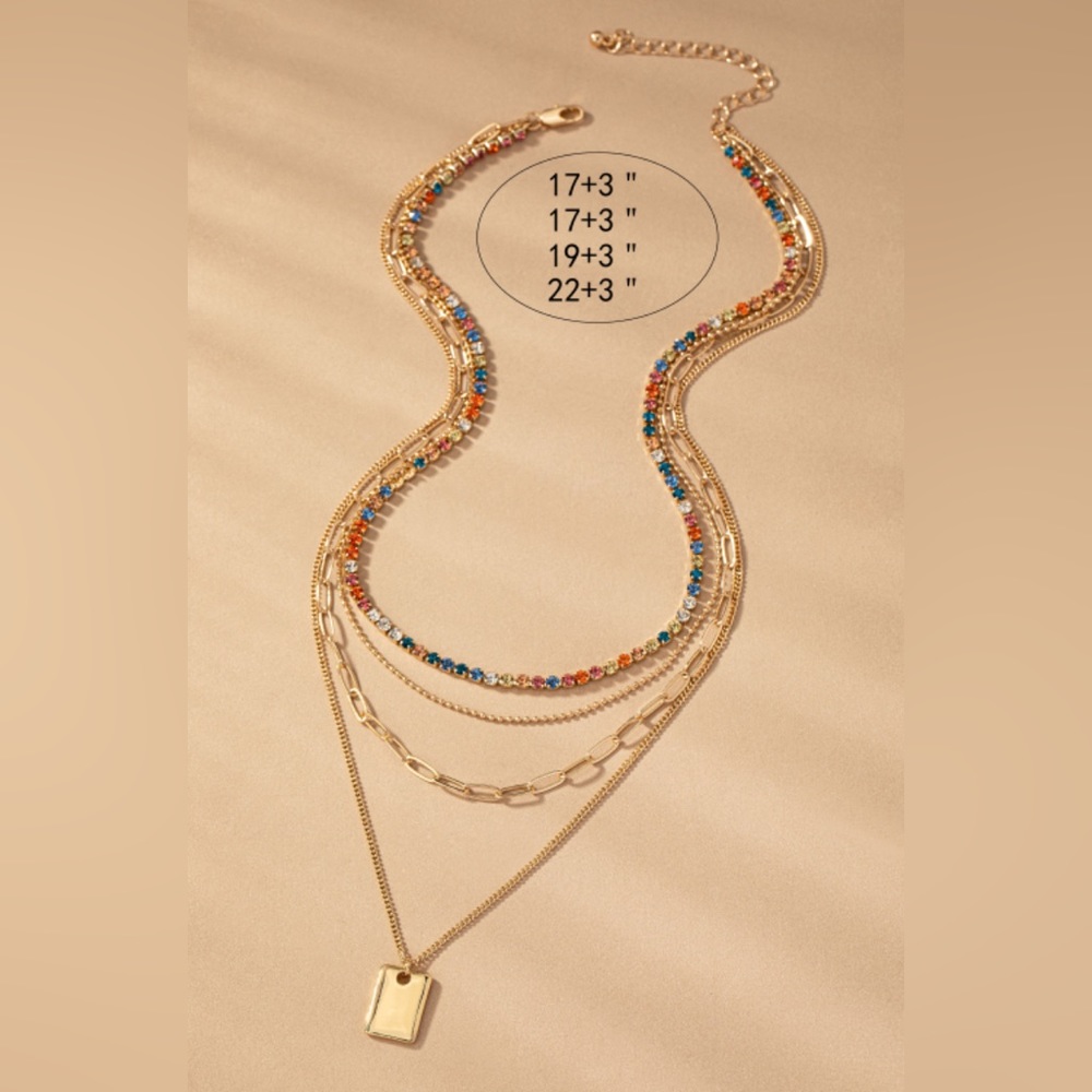 Layered mixed gold chain rhinestone necklace - Picture 2 of 4